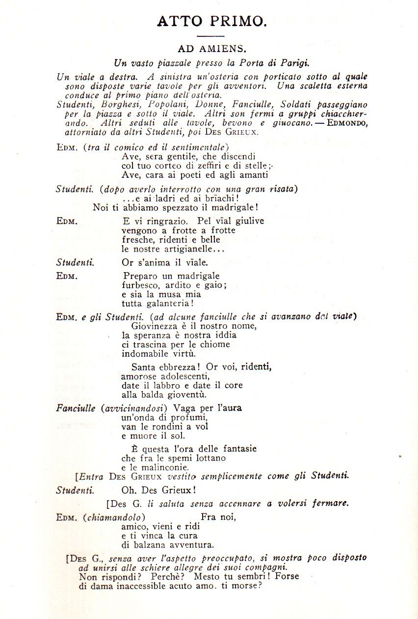 Opera Libreto for Manan Lescaut by Puccini